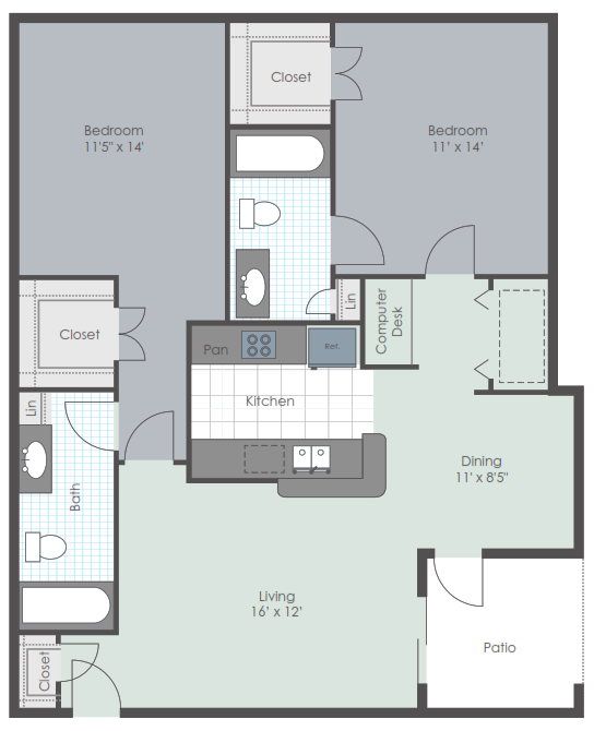 Floor plan for 2 beds, 2 baths, 1040 sqft